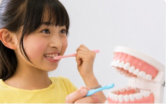 歯磨き指導を受けるお子さま