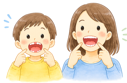 口を開けて歯を見せる子どもたち