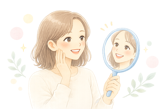 鏡で白い歯を確認する女性のイラスト