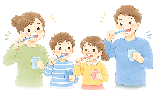 家族で歯磨きをするイラスト